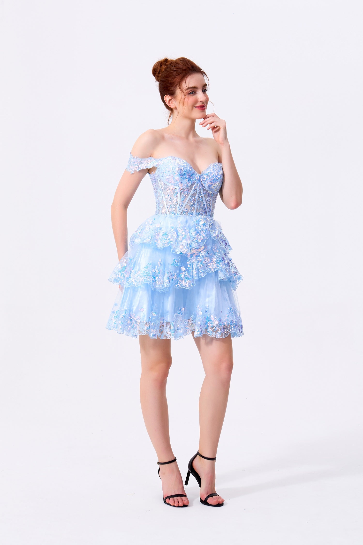 Sky Blue Tulle & Sequin Lace A-Line Sweetheart Zipper Back Mini Dress Front View - Almudear
