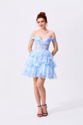 Sky Blue Tulle & Sequin Lace A-Line Sweetheart Zipper Back Mini Dress - Almudear