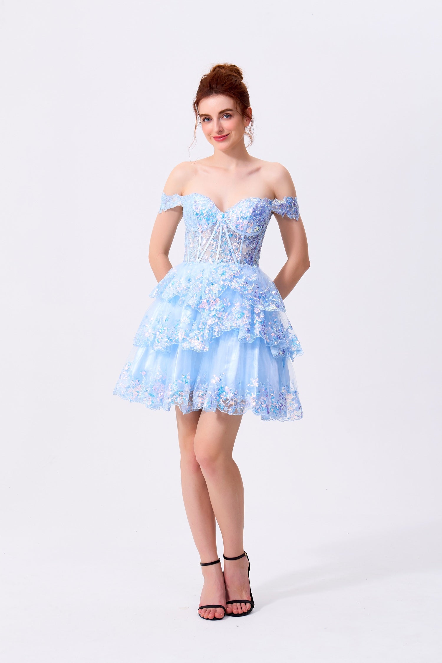 Sky Blue Tulle & Sequin Lace A-Line Sweetheart Zipper Back Mini Dress - Almudear