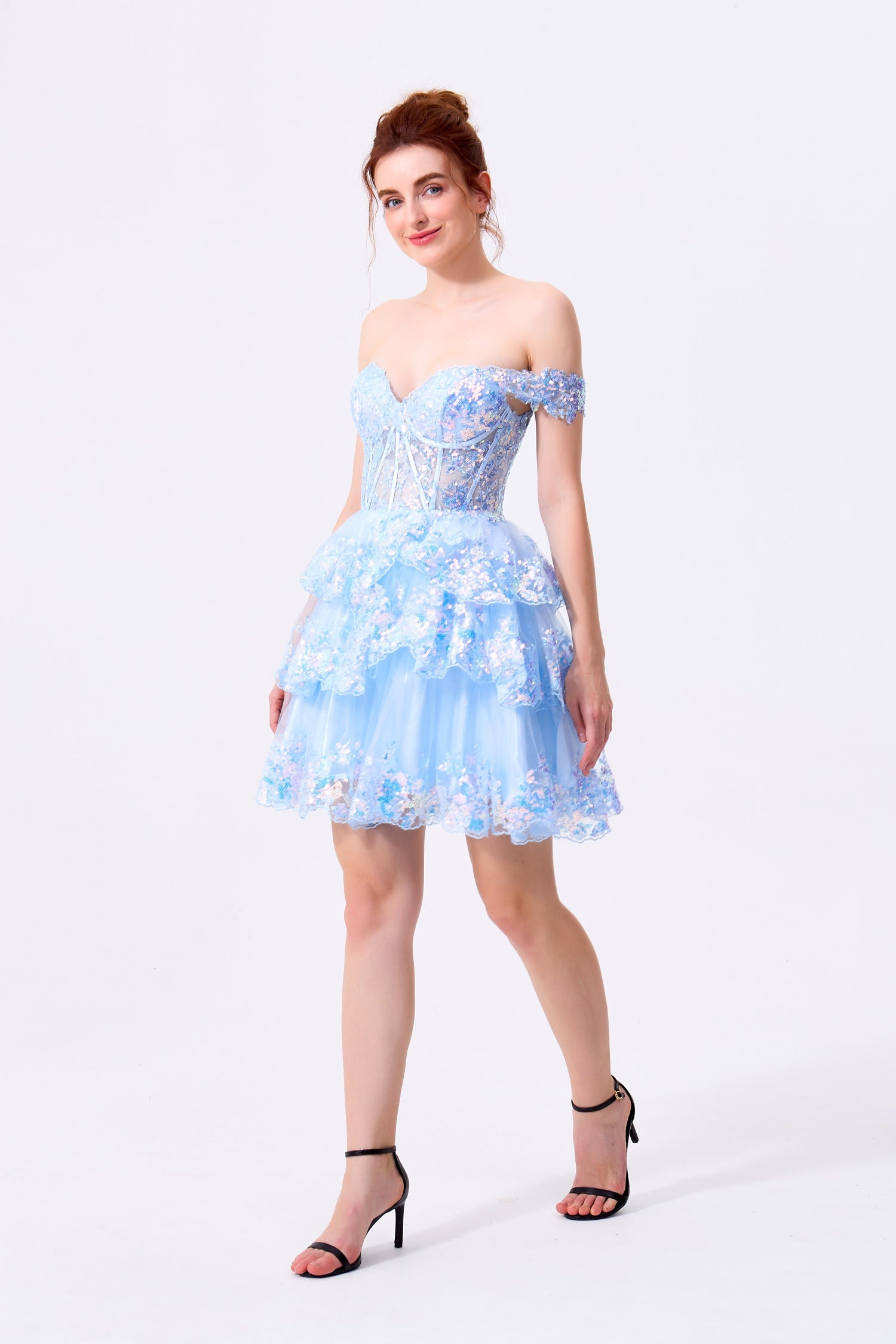 Sky Blue Tulle & Sequin Lace A-Line Sweetheart Zipper Back Mini Dress - Almudear