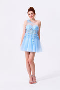 Sky Blue Tulle with Lace and Mesh A-Line One Shoulder Lace-Up Back Mini Dress Front View - Almudear