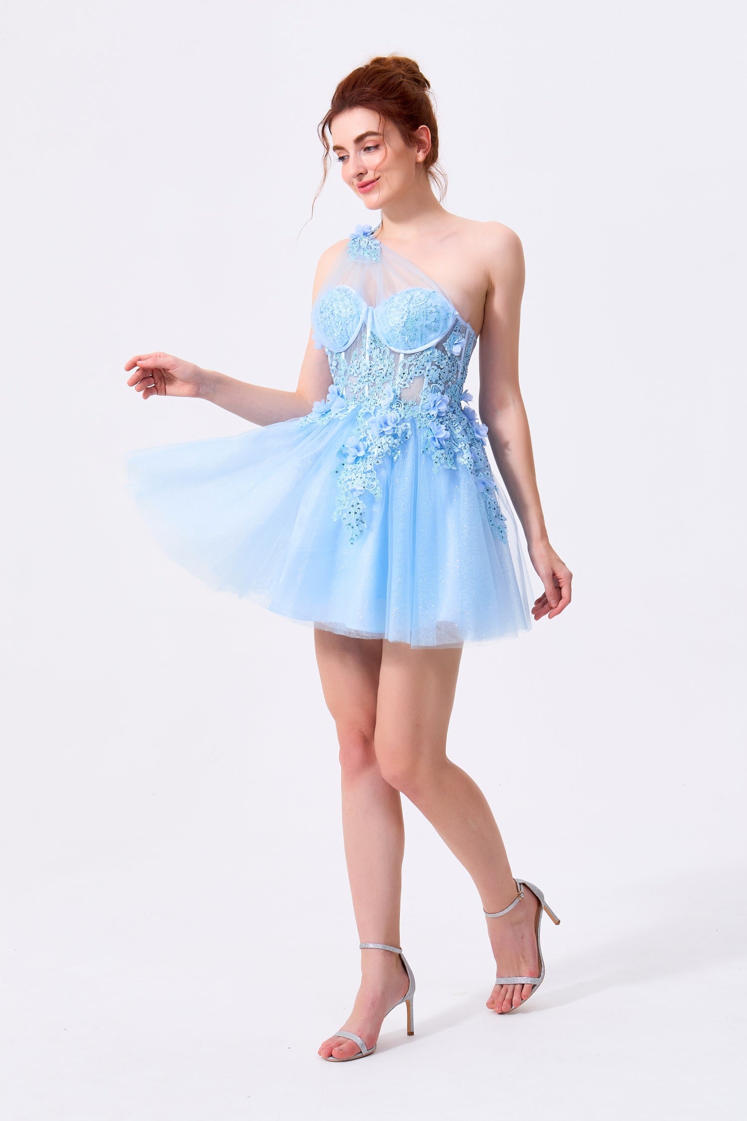 Sky Blue Tulle with Lace and Mesh A-Line One Shoulder Lace-Up Back Mini Dress - Almudear