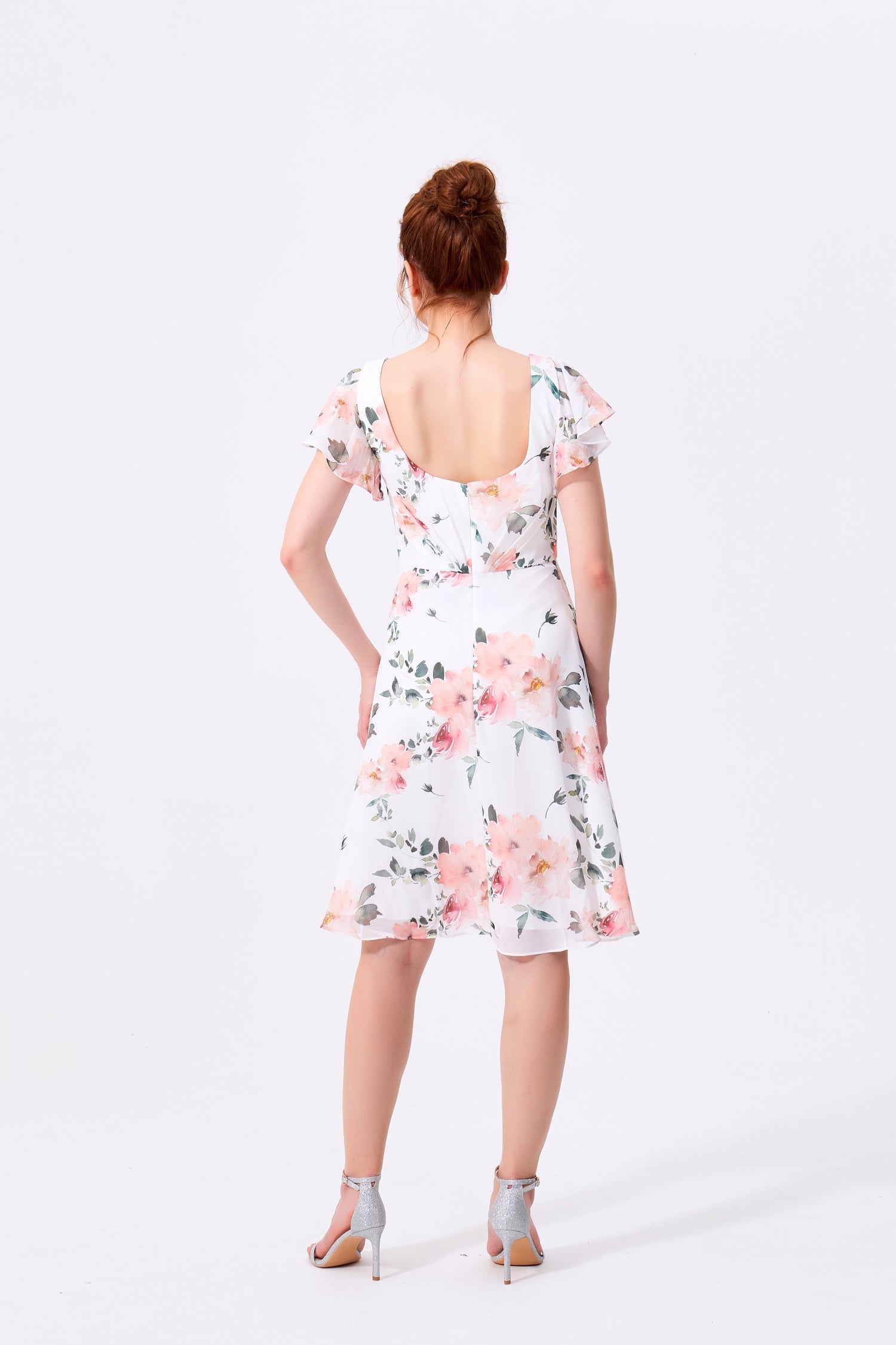 White Floral Chiffon A-Line V-Neck Scoop Back Knee-Length Dress Back View - Almudear