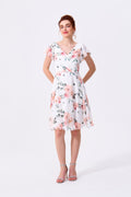 White Floral Chiffon A-Line V-Neck Scoop Back Knee-Length Dress Front View - Almudear