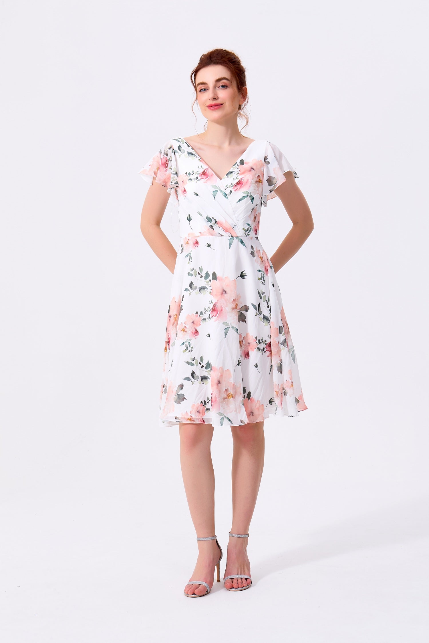 White Floral Chiffon A-Line V-Neck Scoop Back Knee-Length Dress Front View - Almudear