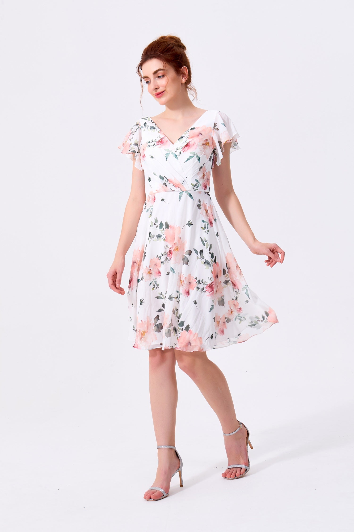 White Floral Chiffon A-Line V-Neck Scoop Back Knee-Length Dress - Almudear