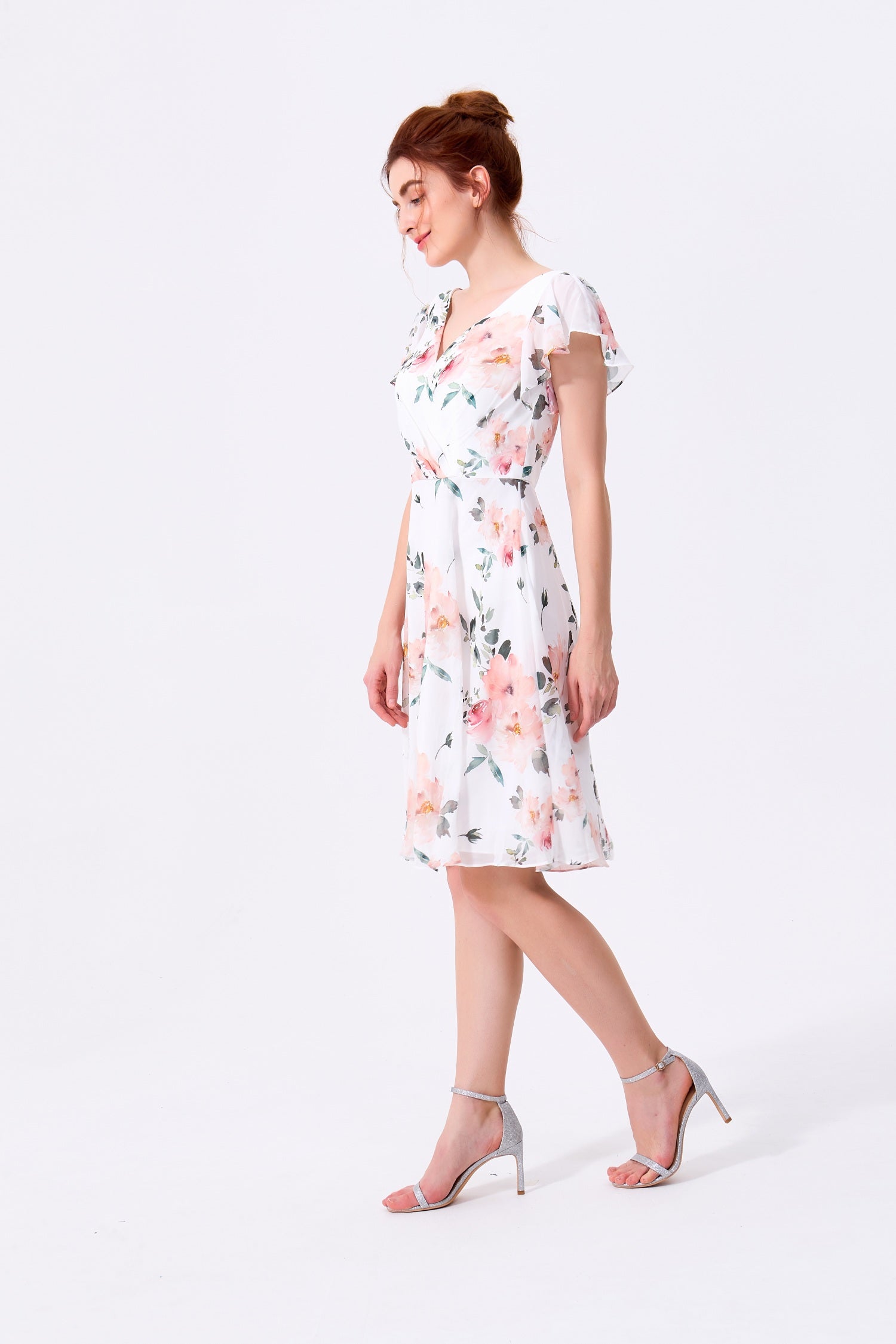 White Floral Chiffon A-Line V-Neck Scoop Back Knee-Length Dress - Almudear