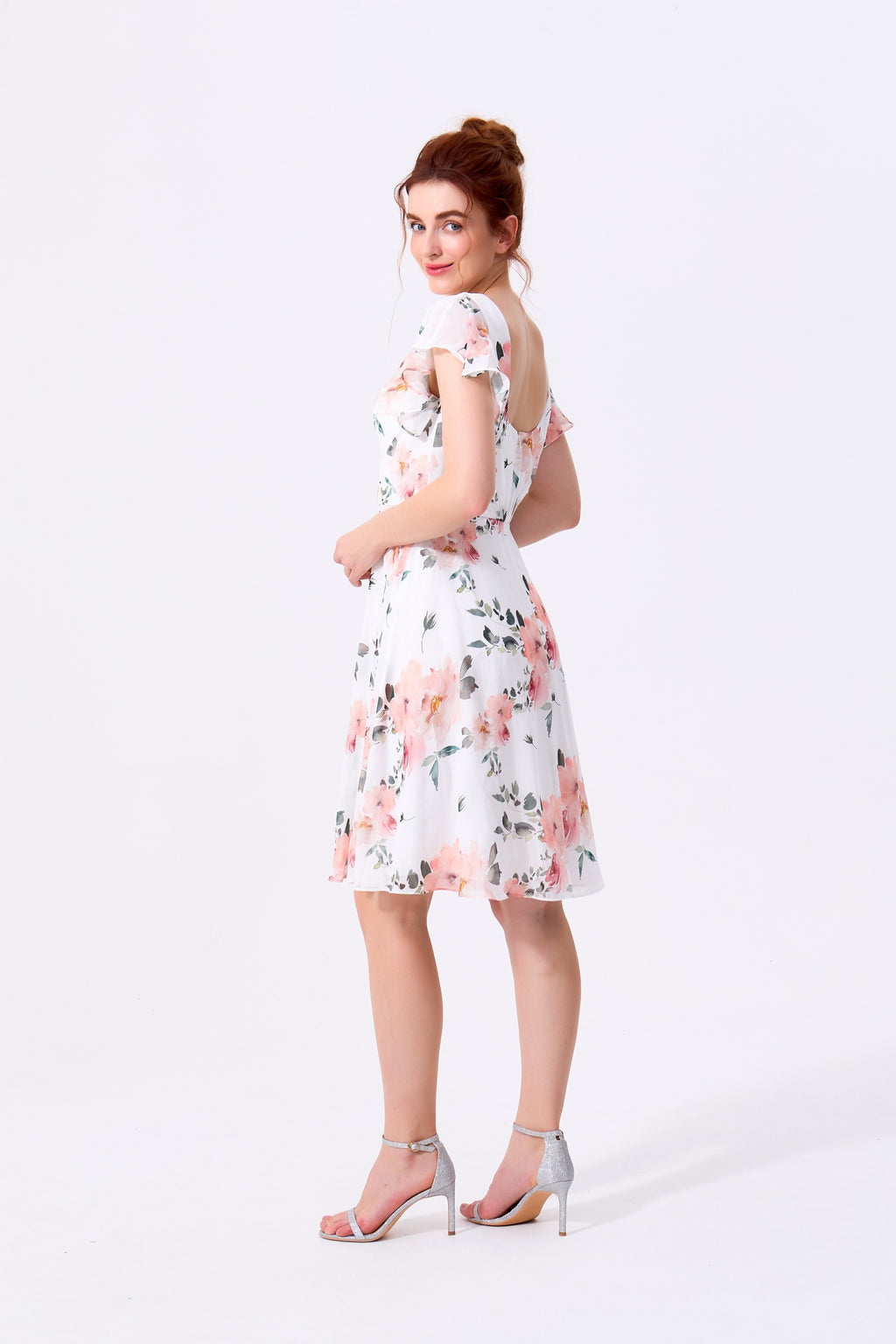 White Floral Chiffon A-Line V-Neck Scoop Back Knee-Length Dress - Almudear