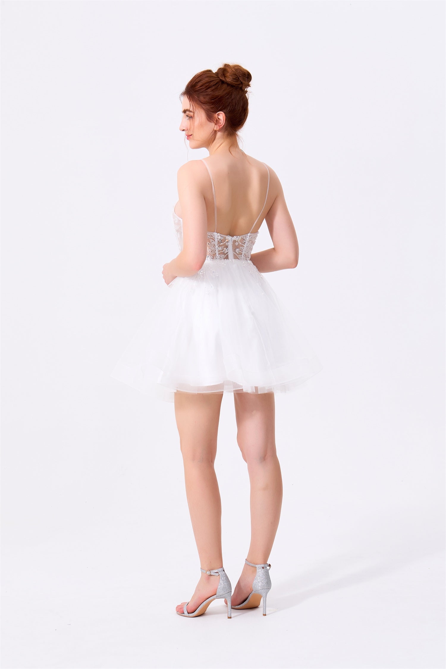 White Tulle and Lace A-Line Plunging Sweetheart Low Back with Zipper Mini Dress Back View - Almudear