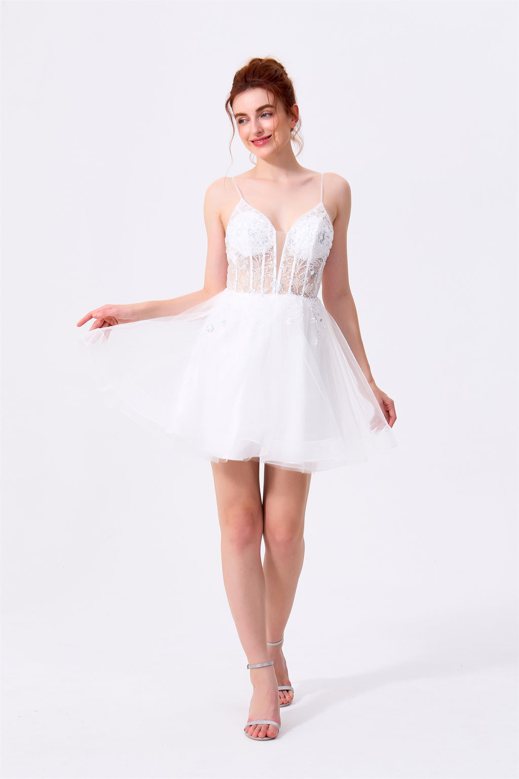 White Tulle and Lace A-Line Plunging Sweetheart Low Back with Zipper Mini Dress - Almudear