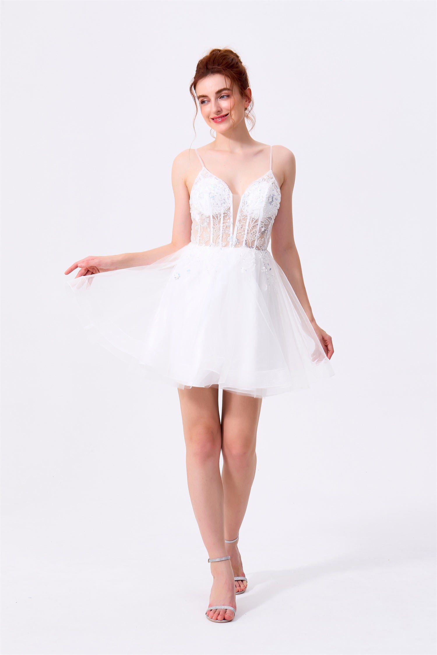 White Tulle and Lace A-Line Plunging Sweetheart Low Back with Zipper Mini Dress - Almudear