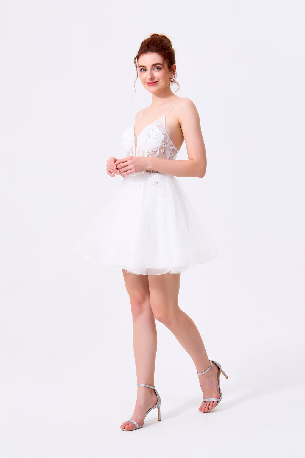 White Tulle and Lace A-Line Plunging Sweetheart Low Back with Zipper Mini Dress - Almudear