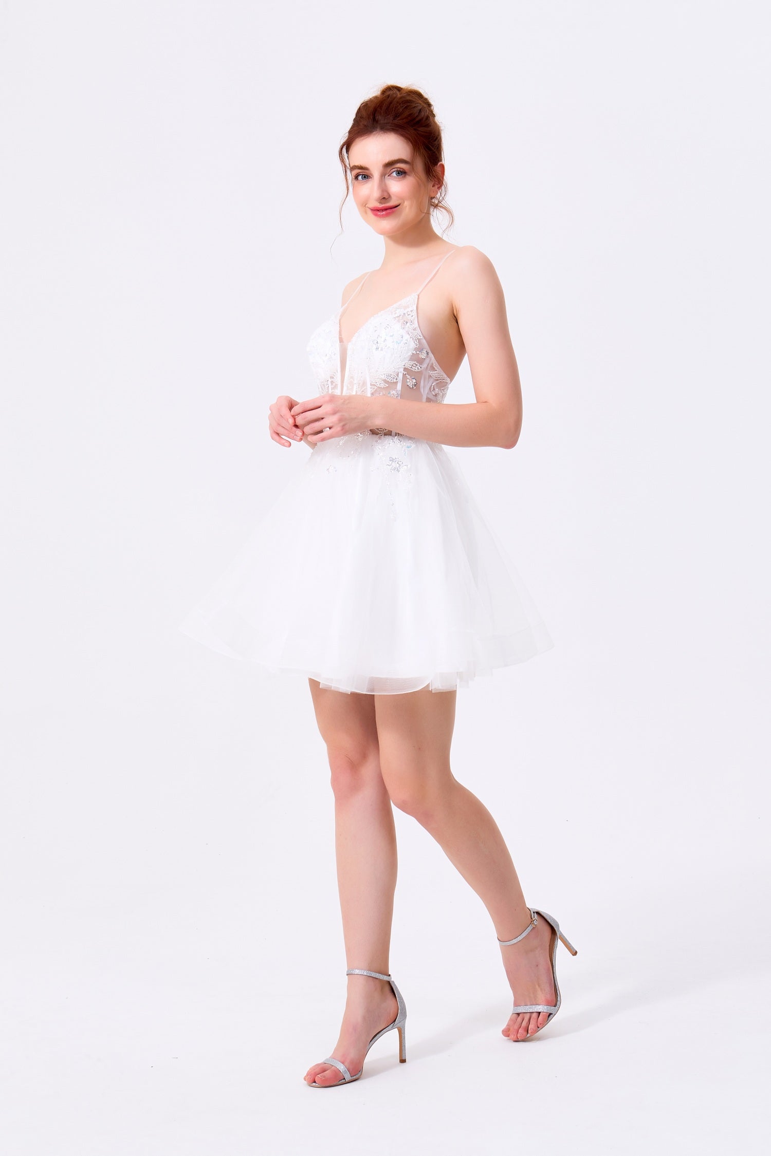 White Tulle and Lace A-Line Plunging Sweetheart Low Back with Zipper Mini Dress - Almudear