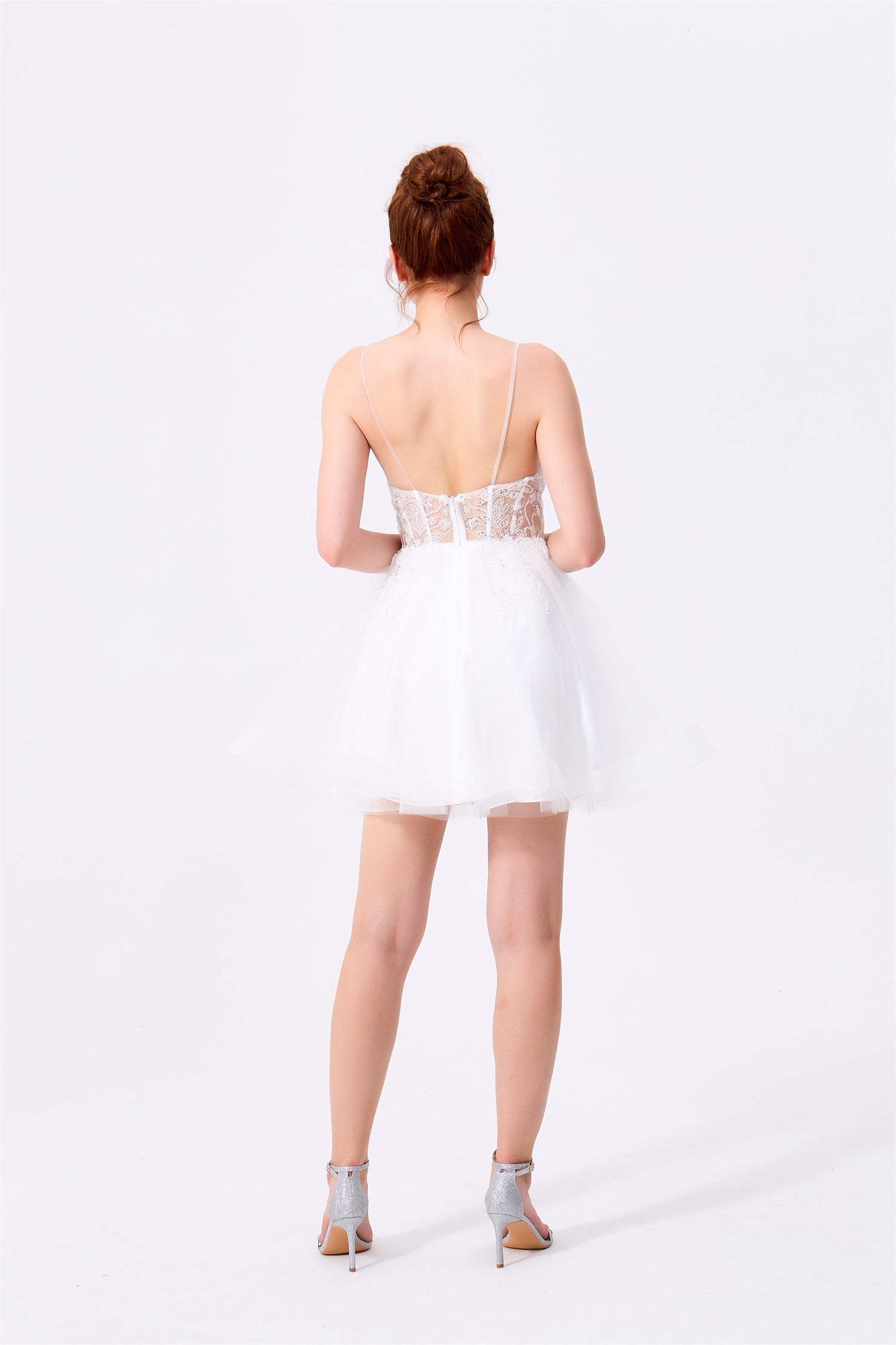 White Tulle and Lace A-Line Plunging Sweetheart Low Back with Zipper Mini Dress - Almudear