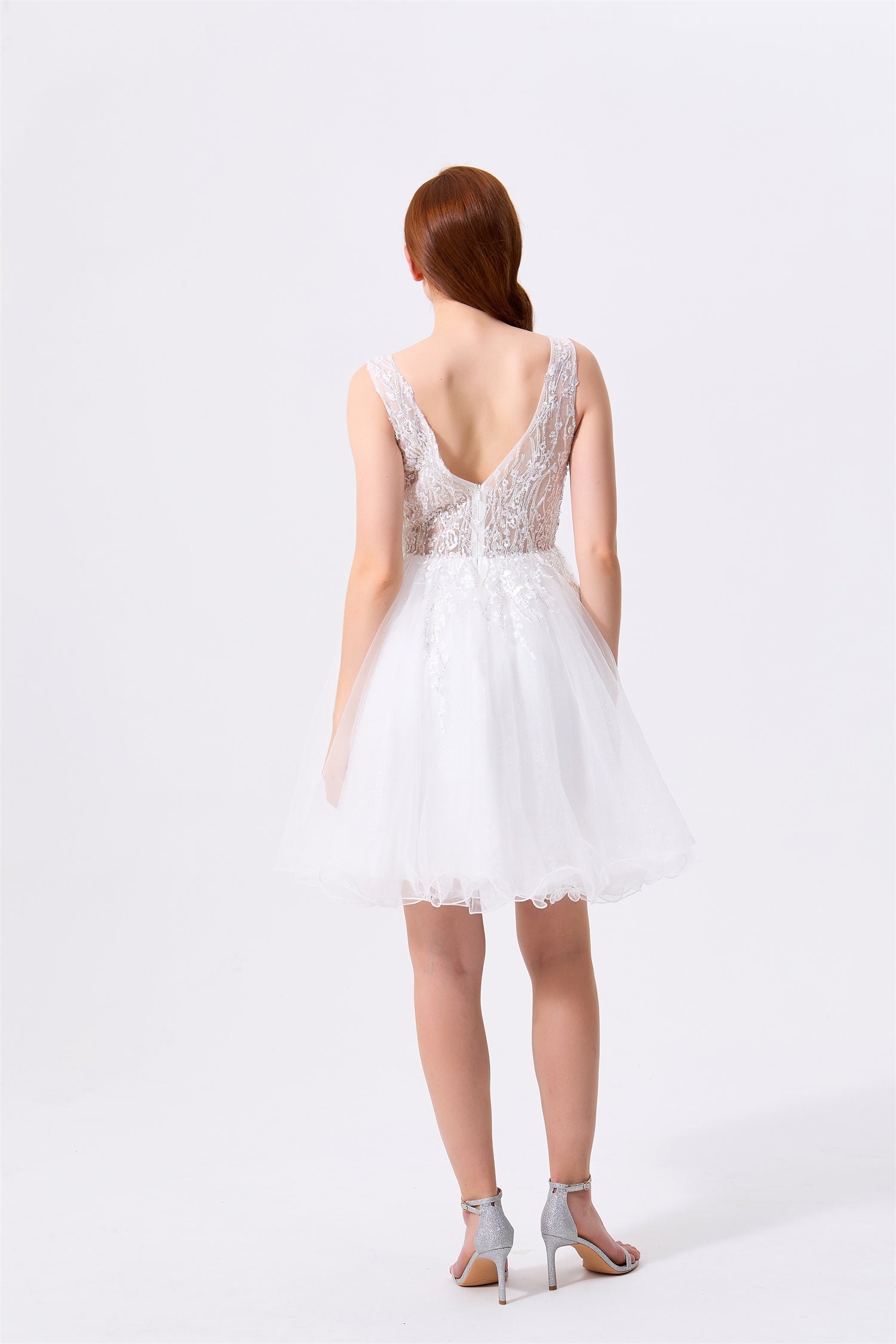 White Tulle & Lace A-Line Plunging V-Neck V-Back Above Knee Dress Back View - Almudear