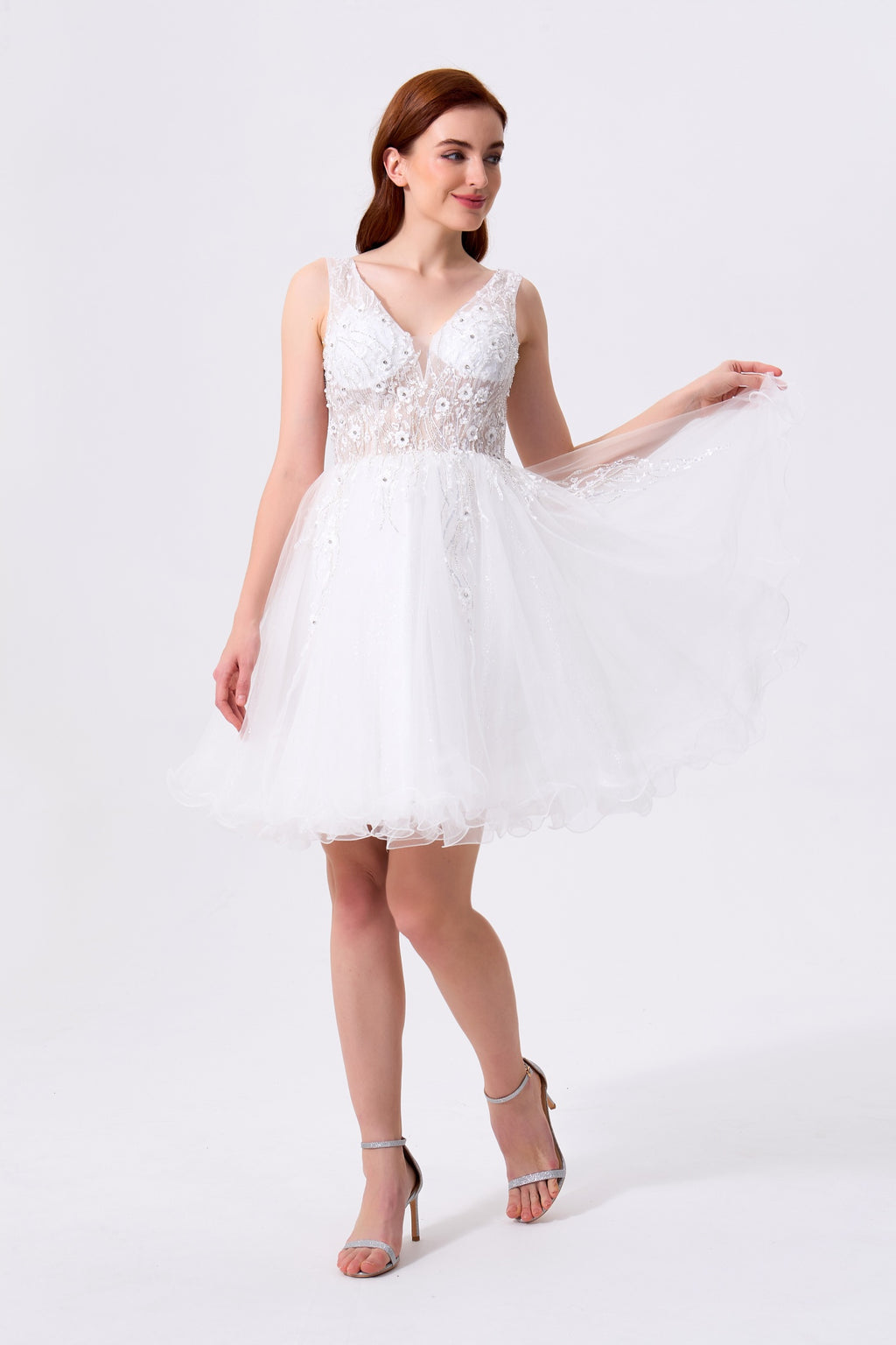 White Tulle & Lace A-Line Plunging V-Neck V-Back Above Knee Dress Front View - Almudear