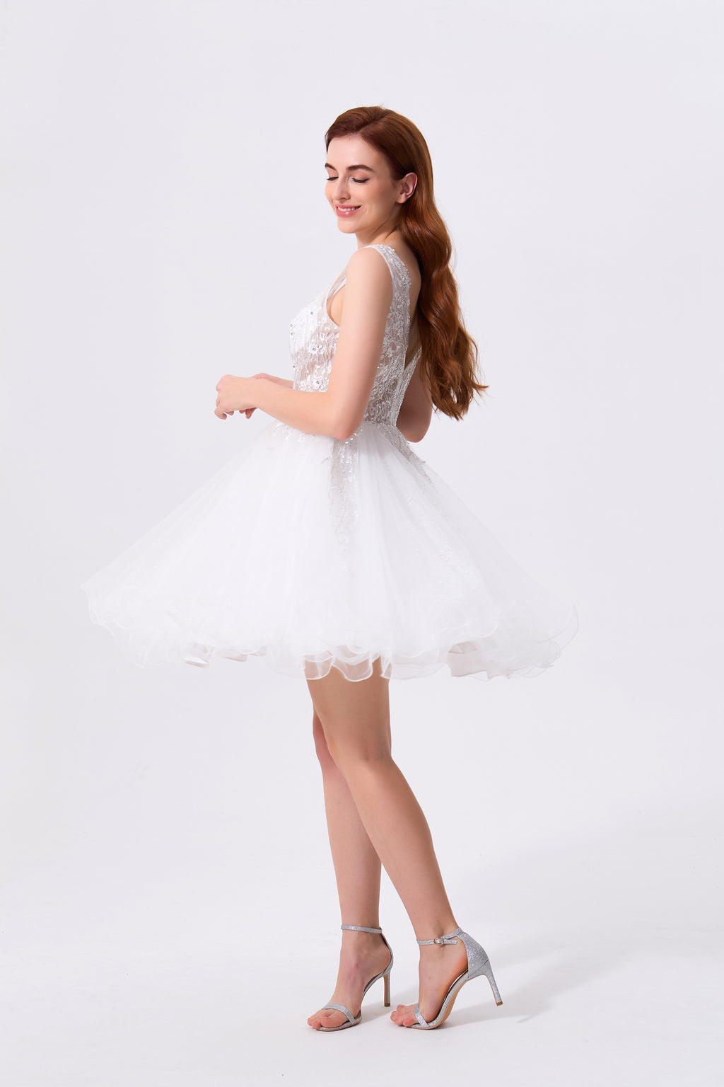 White Tulle & Lace A-Line Plunging V-Neck V-Back Above Knee Dress - Almudear