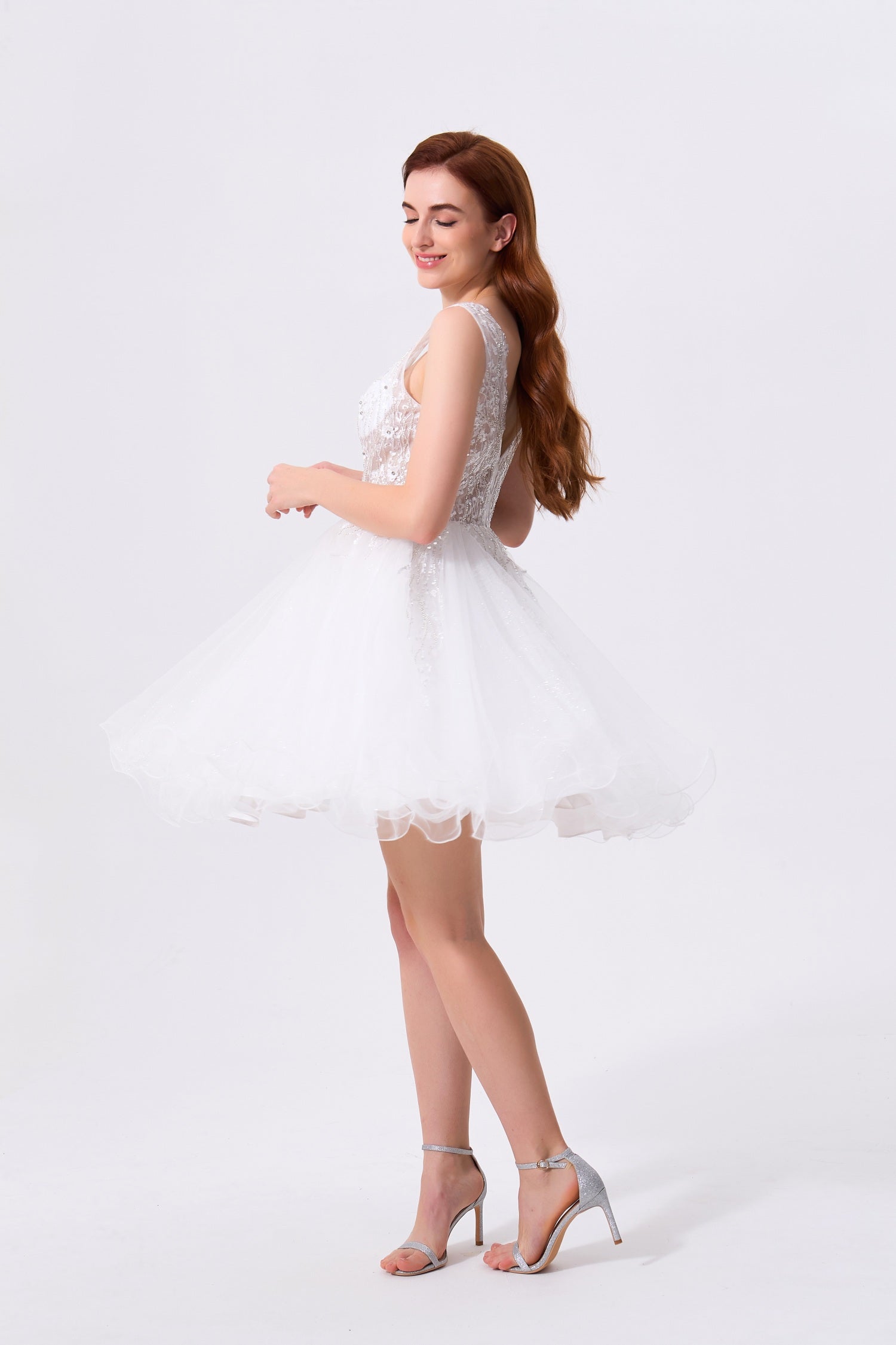 White Tulle & Lace A-Line Plunging V-Neck V-Back Above Knee Dress - Almudear