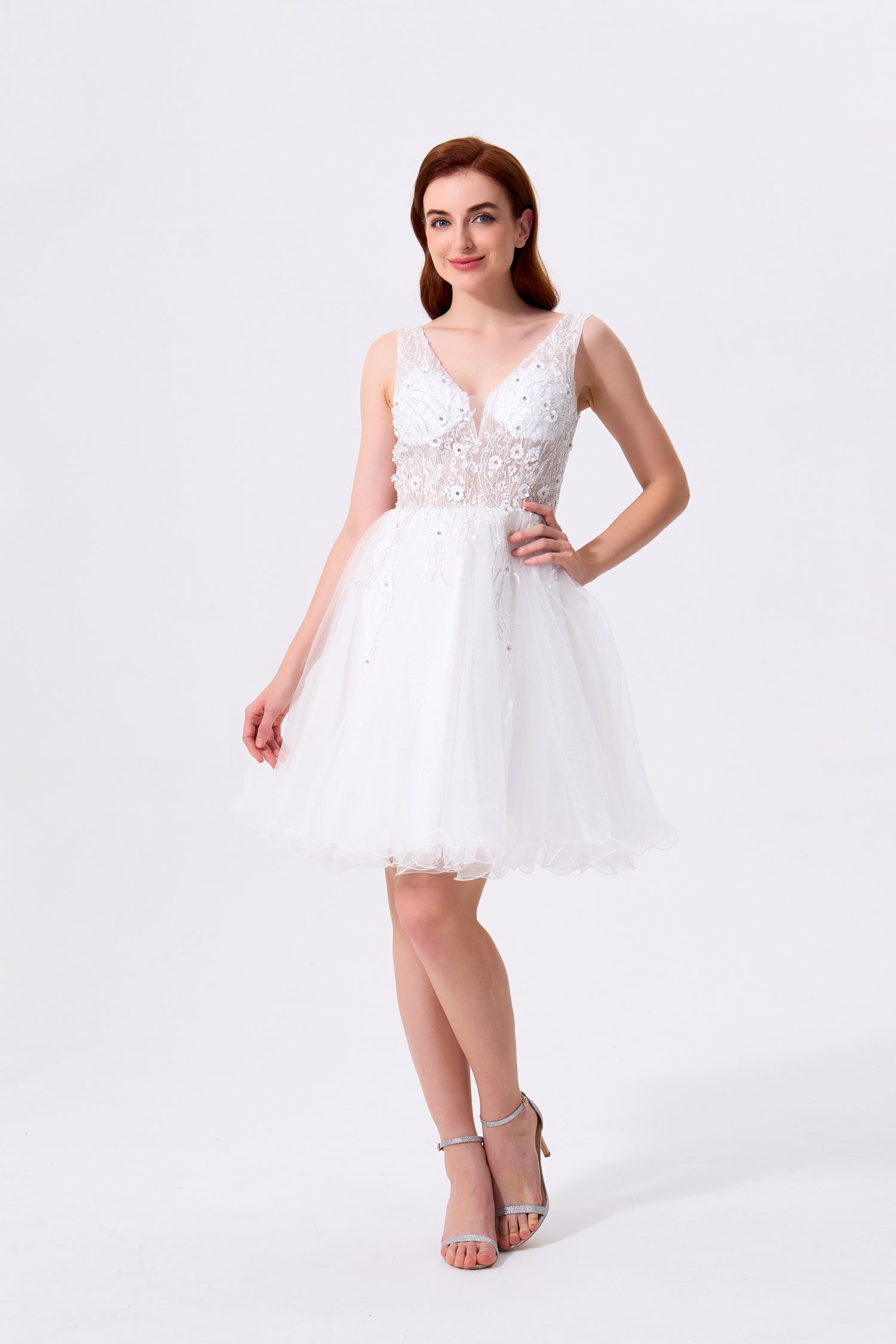 White Tulle & Lace A-Line Plunging V-Neck V-Back Above Knee Dress - Almudear