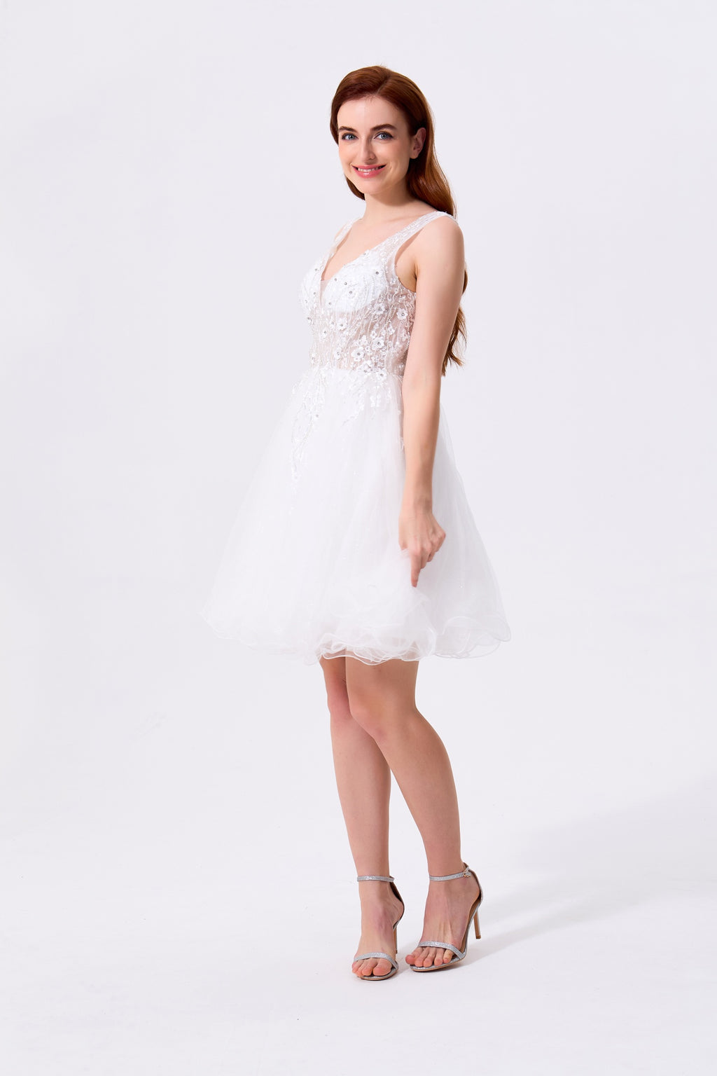 White Tulle & Lace A-Line Plunging V-Neck V-Back Above Knee Dress - Almudear