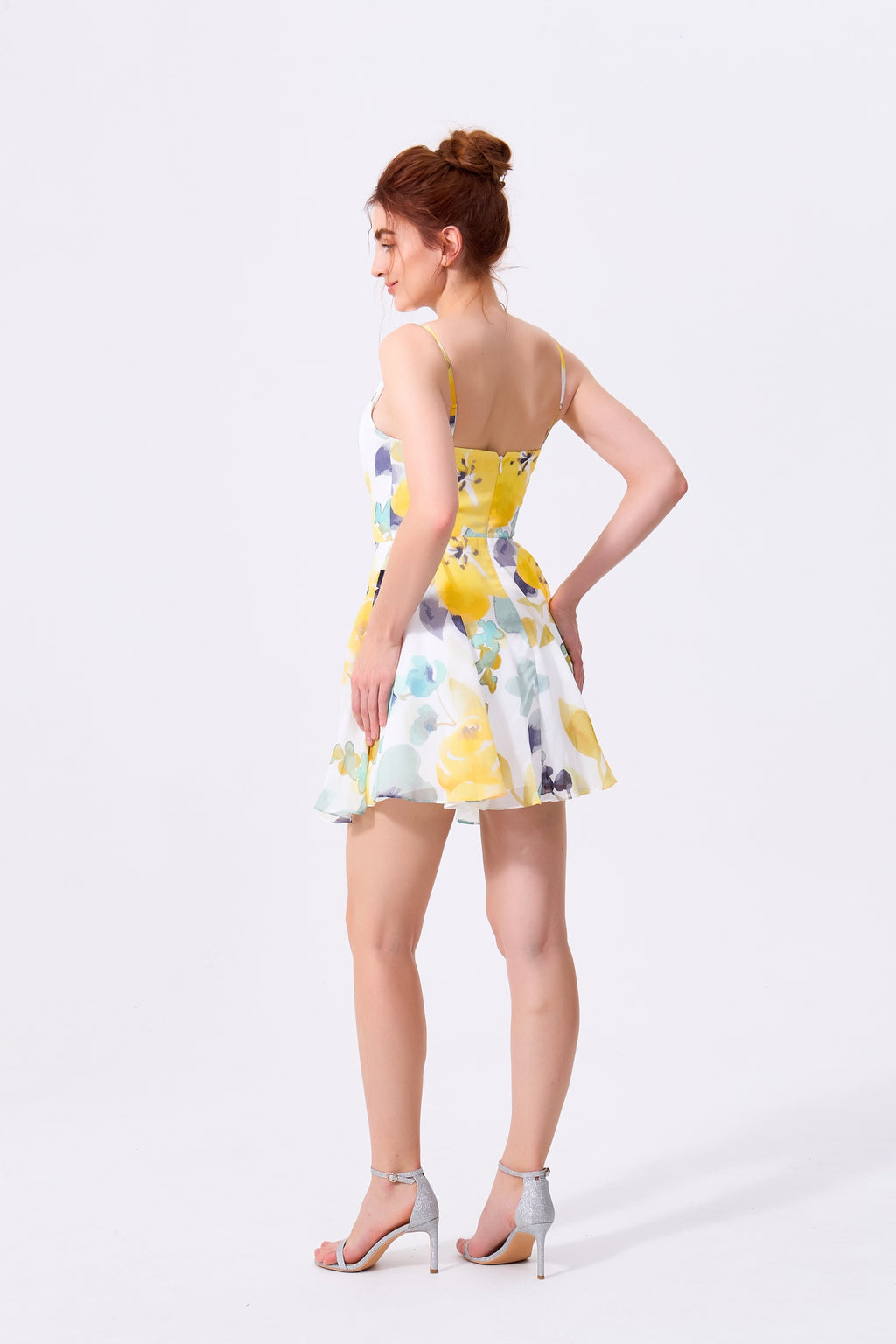 Yellow Floral Chiffon A-Line V-Neck Zipper Back Mini Dress Back View - Almudear