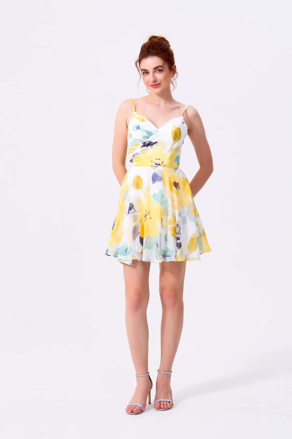 Yellow Floral Chiffon A-Line V-Neck Zipper Back Mini Dress Front View - Almudear