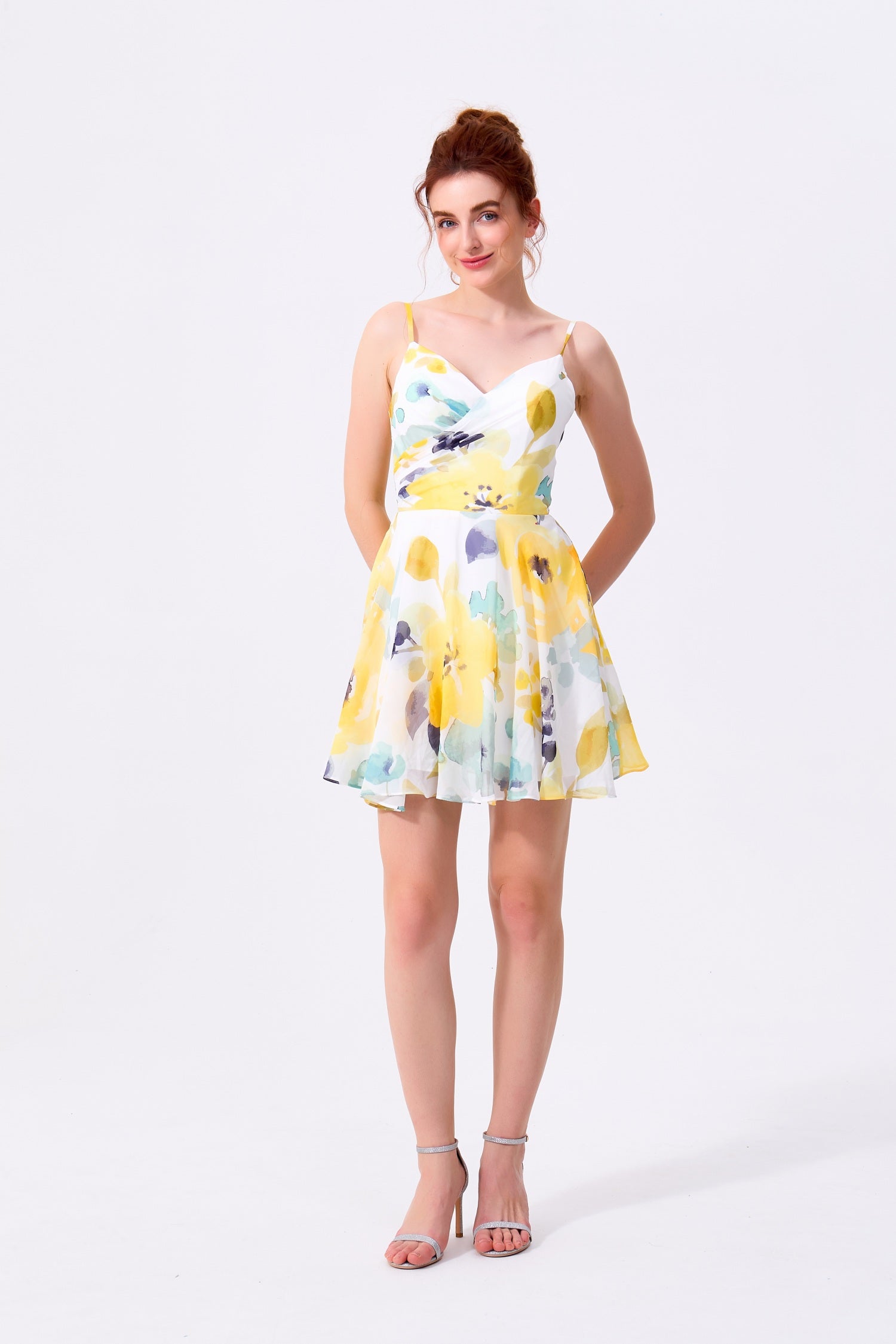 Yellow Floral Chiffon A-Line V-Neck Zipper Back Mini Dress Front View - Almudear
