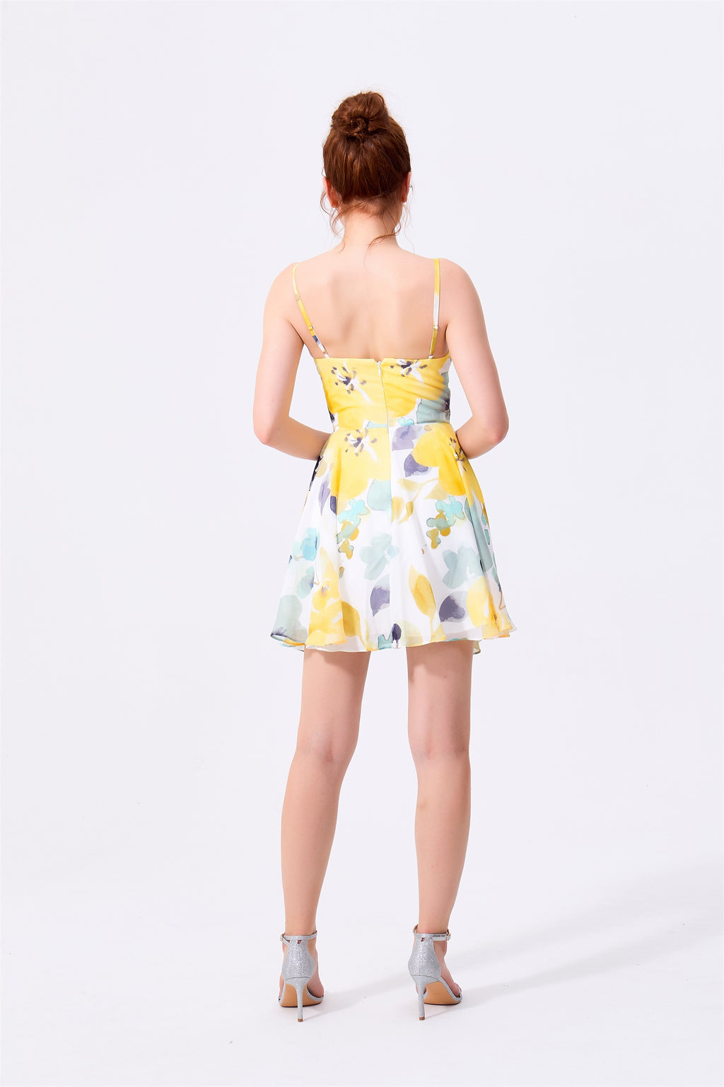 Yellow Floral Chiffon A-Line V-Neck Zipper Back Mini Dress - Almudear
