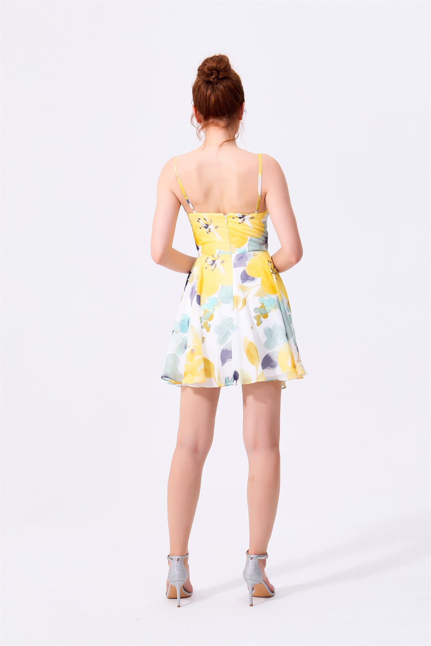 Yellow Floral Chiffon A-Line V-Neck Zipper Back Mini Dress - Almudear